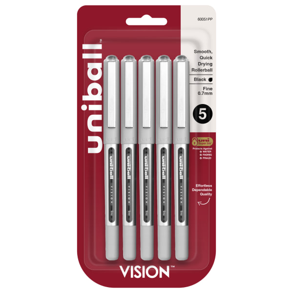 uni-ball Vision Liquid Ink Rollerball Pens, Fine Point, 0.7 mm, Silver Barrel, Black Ink, Pack Of 5 Pens