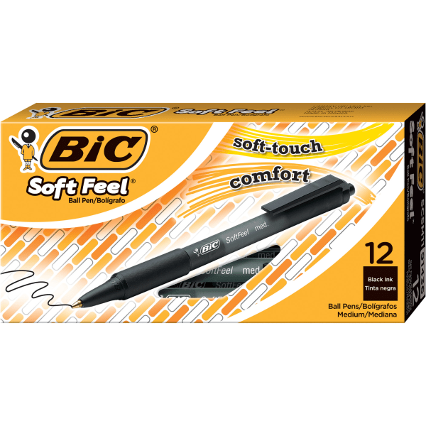 BIC&reg; Soft Feel&reg; Retractable Ballpoint Pens, Medium Point, 1.0 mm, Black Barrel, Black Ink, Pack Of 12 Pens BICSCSM11BK