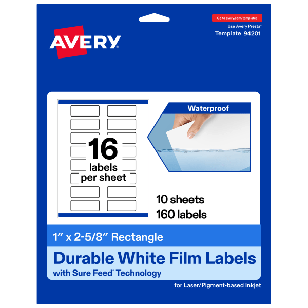 Avery® Waterproof Permanent Labels With Sure Feed®, 94201-WMF10, Rectangle, 1" x 2-5/8", White, Pack Of 160