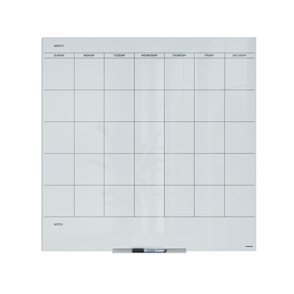 U Brands® Floating Glass Dry-Erase Monthly Calendar Board, 36" X 36", White Frosted Surface, Frameless, Actual Size 35" X 35" (2910U00-01)