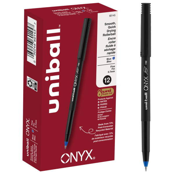 uni-ball Onyx Rollerball Pens, Fine Point, 0.7 mm, Black Barrel, Blue Ink, Pack Of 12