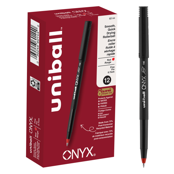 uni-ball Onyx Rollerball Pens, Fine Point, 0.7 mm, Black Barrel, Red Ink, Pack Of 12