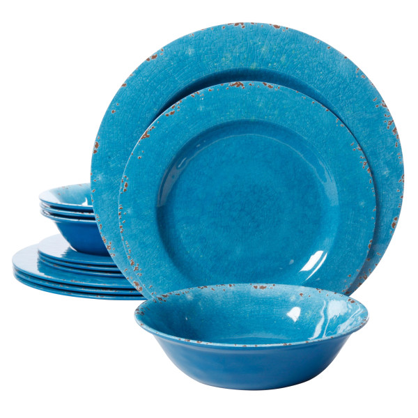 Studio California Mauna 12 Piece Melamine Dinnerware Set in Blue Crackle Look Decal