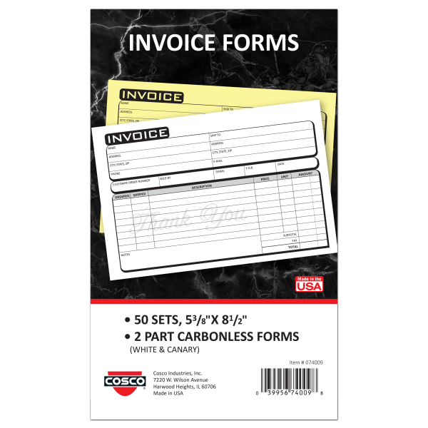 COSCO Service Invoice Form Book With Slip, 2-Part Carbonless, 5-3/8"" x 8-1/2"", Business, Book Of 50 Sets -  074009