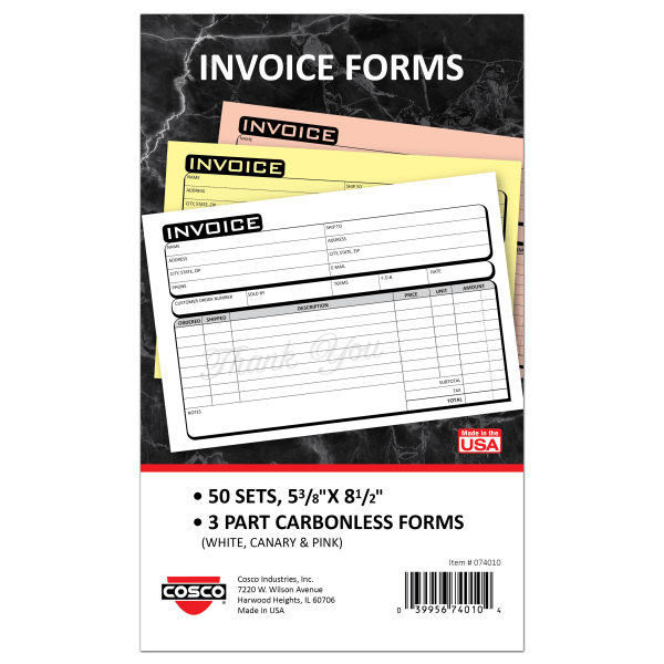 COSCO Service Invoice Form Book With Slip, 3-Part Carbonless, 5-3/8"" x 8-1/2"", Business, Book Of 50 Sets -  074010