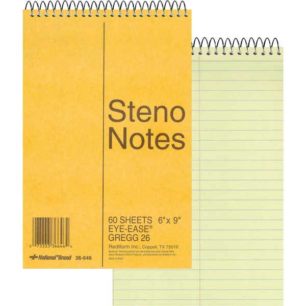 Rediform Wirebound Steno Notebook - 60 Sheets - Wire Bound Light Blue Margin - 16 lb Basis Weight - 6"" x 9"" - Green Paper - Brown Cover - Unpunched, S -  36646