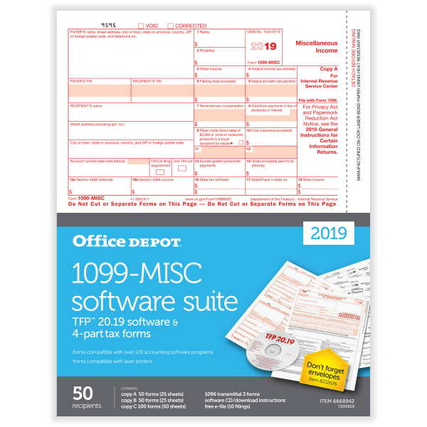 Office Depot 1099MISC Tax Forms W/ Software, 2019, 4Part, 81/2" x 11