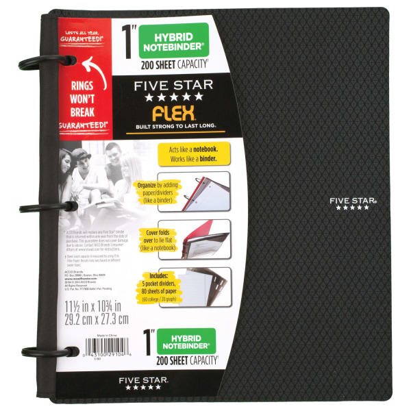 Five Star� Flex� Hybrid NoteBinder� With Customizable Cover, 1" Round Rings, Black
