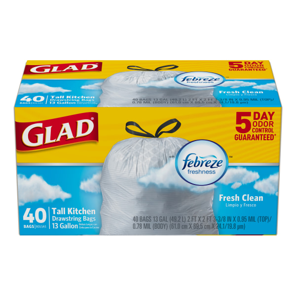 Glad ForceFlex Tall Kitchen Drawstring Trash Bags, Fresh Clean, 13 Gal, 40  Ct (Package May Vary)