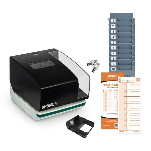 uPunch Digital Time Clock And Date Stamp Bundle, Unlimited Employees, 8"H x 6-13/16"W x 6"W, Black