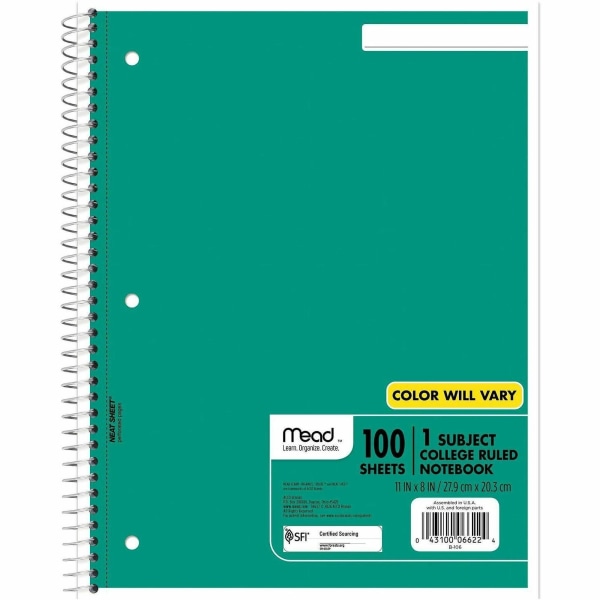 Mead� Spiral Notebooks, 1 Subject, College Ruled, 100 Sheets, Assorted, Pack Of 12