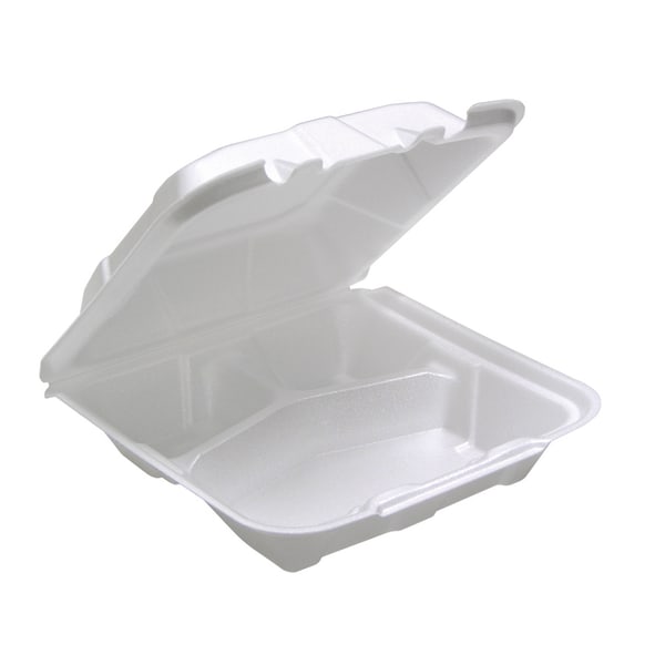 UPC 016194050721 product image for Pactiv Foam Conventional Hinged Lid Containers, Medium, White, 3-Compartment, 32 | upcitemdb.com