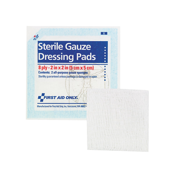 First Aid Only Sterile Gauze Dressing Pads  8 Ply  2 Width x 2 Length  White  10  Pack