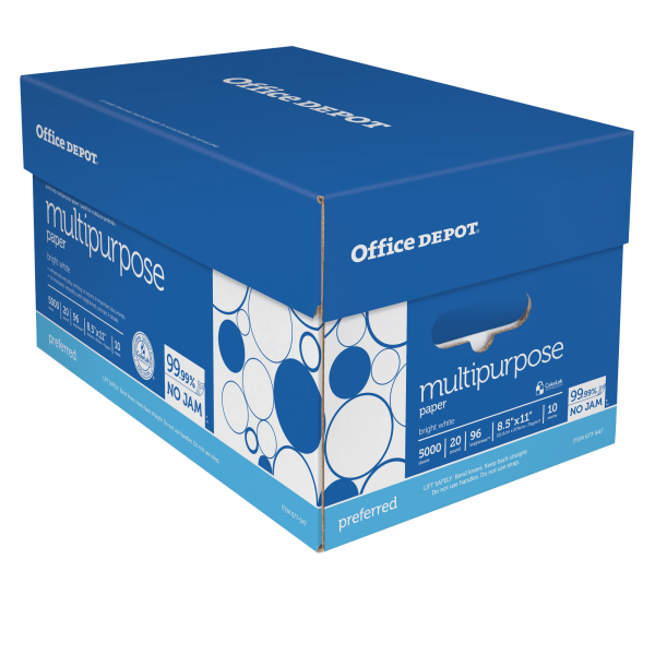 Office Depot® Premium Multi-Use Printer & Copy Paper, 10 Reams, Bright White, Letter (8.5" x 11"), 5000 Sheets Per Case, 20 Lb, 96 Brightness