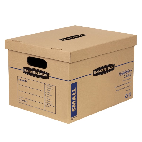 Bankers Box® SmoothMove™ Classic Moving & Storage Boxes, Small, 10" x 12" x 15", 50% Recycled, Kraft/Blue, Pack Of 15
