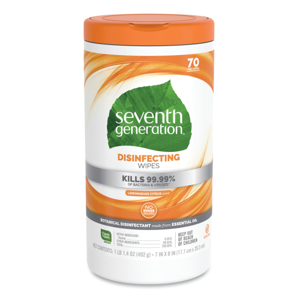 Seventh Generation Disinfectant Wipes All Purpose Cleaning Lemongrass Citrus 70 Count