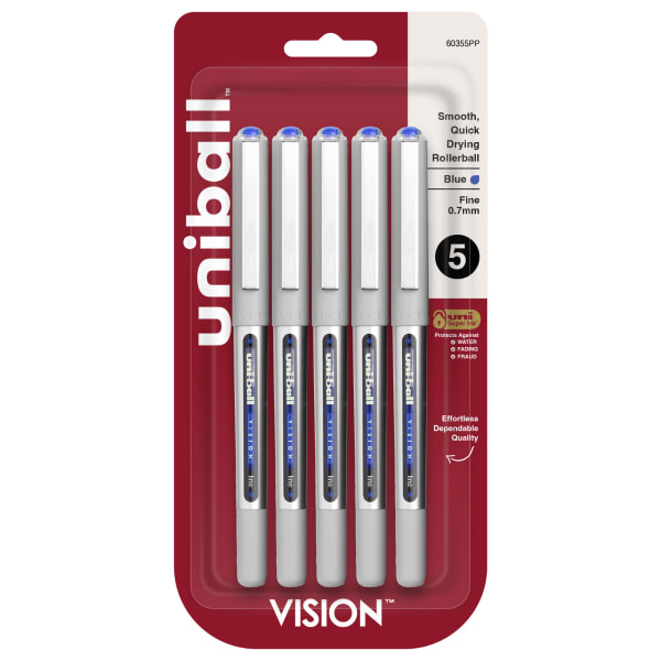 uni-ball Vision Liquid Ink Rollerball Pens, Fine Point, 0.7 mm, Gray Barrel, Blue Ink, Pack Of 5 Pens