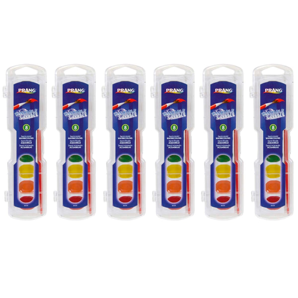 Prang Semi-Moist Washable Watercolor Set with Brush, 8 Colors Per Set, 6 Sets (DIX80525-6) | Quill