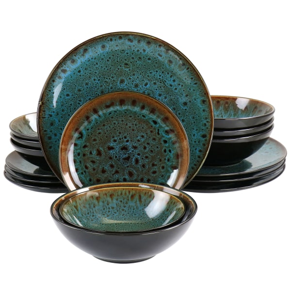 Gibson Elite Kyoto Teal Double Bowl 16 Piece Stoneware Dinnerware Set in Teal and Brown