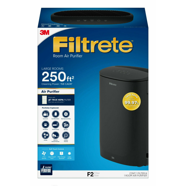 Filtrete True HEPA Large Room Air Purifier, 250 Sq. Ft. Coverage, 20-5/8""H x 15""W x 11""D, Black -  FAP-C03BA-G2