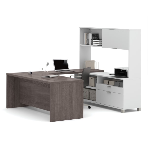 Bestar Pro-Linea 72""W U-Shaped Executive Computer Desk With Hutch, Bark Gray -  120880-47