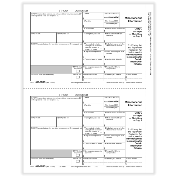 ComplyRight® 1099-MISC Tax Forms, Payer Copy C, 2-Up, Laser, 8-1/2"" x 11"", Pack Of 100 Forms -  511250OD