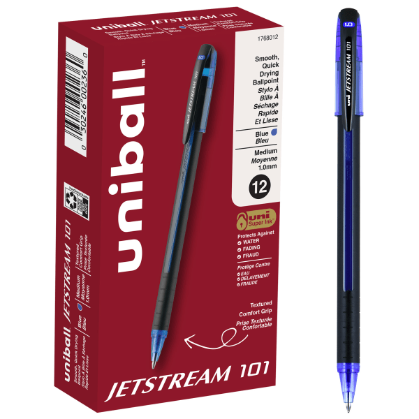 uni-ball Jetstream 101 Rollerball Pens, Medium Point, 1.0mm, Assorted Barrels, Blue Ink, Pack Of 12 - 1768012 - Office Supplies Ballpoint stick pens feature hybrid ink that combi sku 1768012