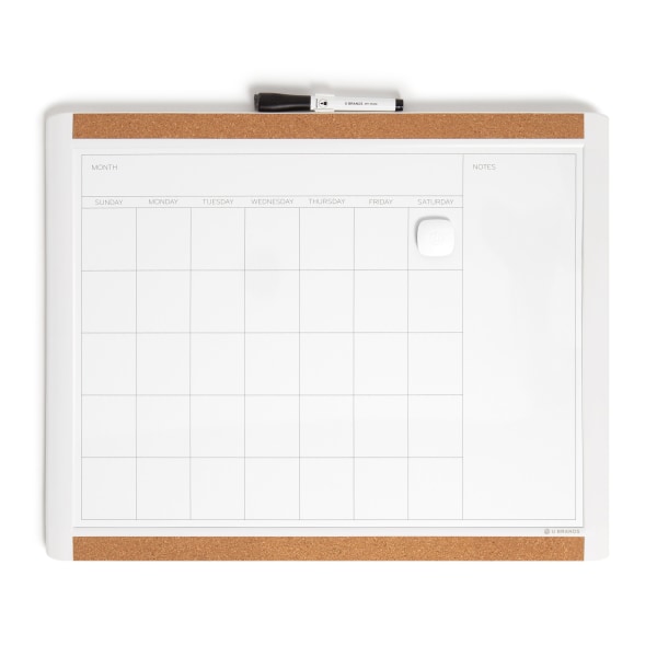 U Brands PINIT Magnetic Dry Erase Monthly Calendar Board, 20 X 16, White Plastic Frame