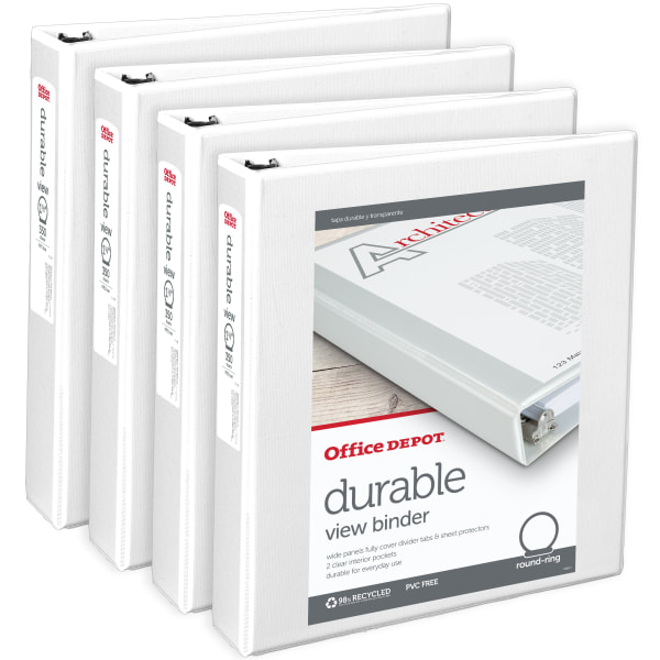Office Depot® Brand Durable View 3-Ring Binder  1 1/2  Round Rings  White  Pack Of 4