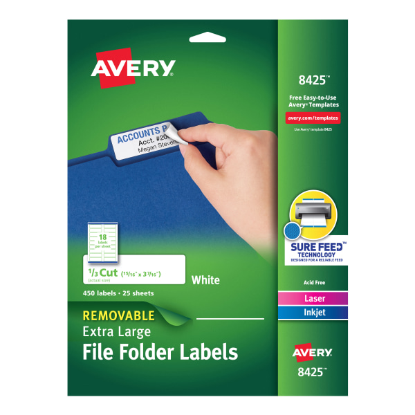 Removable Extra-Large File Folder Labels, Sure Feed Technology, Removable Adhesive, White, 15/16" x 3-7/16", 450 Labels (8425)