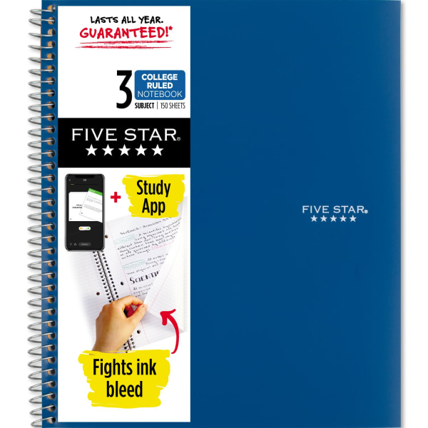 Five Star Spiral Notebook Plus Study App 3 Subject College Ruled 8 12 x 11