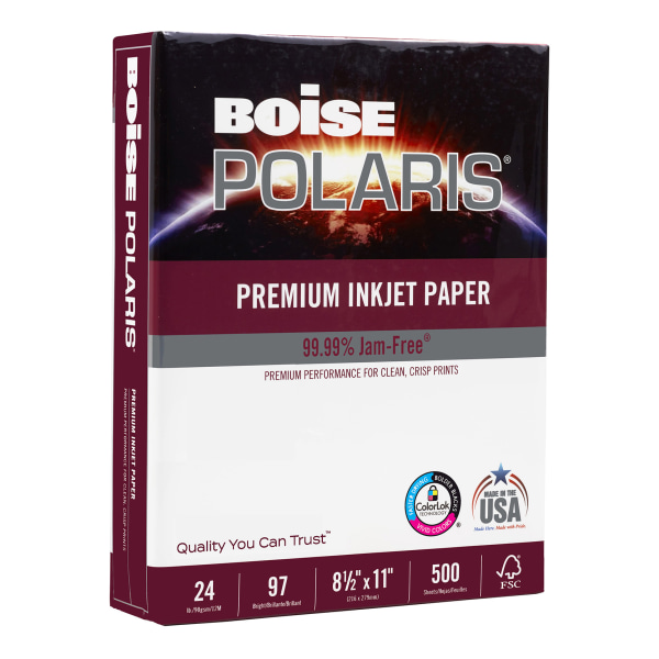 Boise POLARIS&reg; Premium Inkjet Paper, Letter Size (8 1/2&quot; x 11&quot;), 97 (U.S.) Brightness, 24 Lb, FSC&reg; Certified, Ream Of 500 Sheets CASPP9624