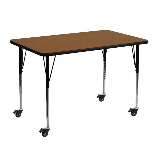Flash Furniture Mobile Rectangular HP Laminate Activity Table With Standard Height-Adjustable Legs, 30-1/2""H x 30""W x 48""D, Oak -  XU-A3048-REC-OAK-H-A-CAS-GG