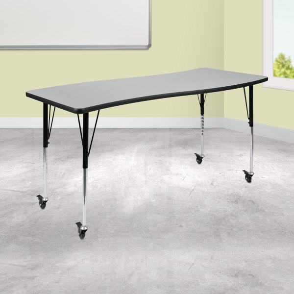 Flash Furniture Mobile Rectangle Wave Flexible Collaborative Thermal Laminate Activity Table With Standard Height-Adjustable Legs, 30""H x 26""W x 60""D, -  XU-A3060-CON-GY-T-A-CAS-GG