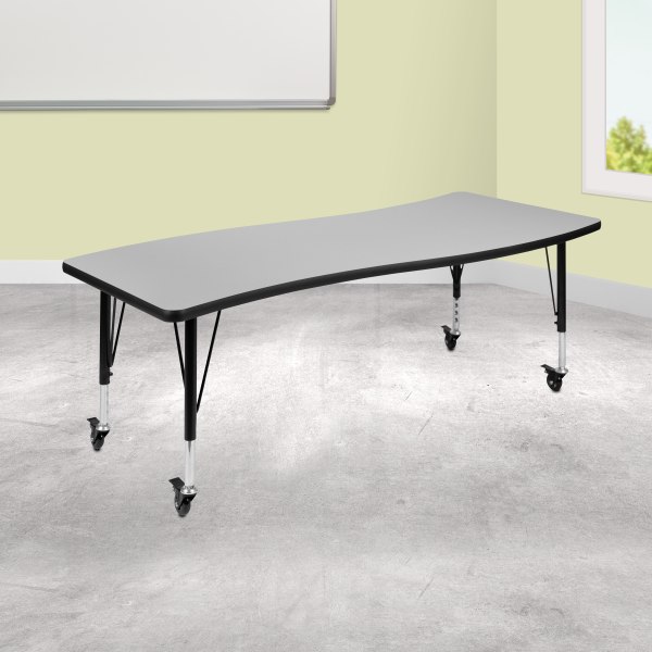 Flash Furniture Mobile Rectangle Wave Flexible Collaborative Thermal Laminate Activity Table With Height-Adjustable Short Legs, 25""H x 26""W x 60""D, Gr -  XU-A3060-CON-GY-T-P-CAS-GG