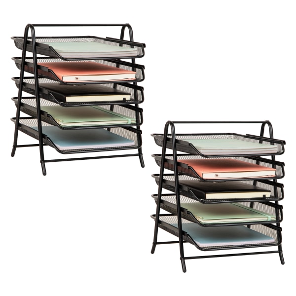 Mind Reader 5-Tier Paper Tray Desktop Organizer Metal Mesh, 14-1/2"H x 14"W x 11-3/4" L, Set of 2, Black