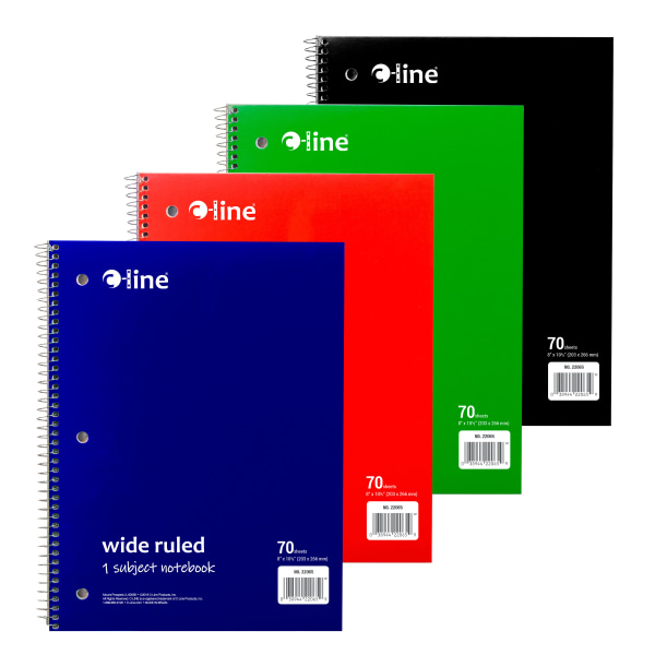 C-Line Wide Rule Spiral Notebooks, 8"" x 10-1/2"", 1 Subject, 70 Sheets, Assorted Colors, Case Of 24 Notebooks -  22065-CT