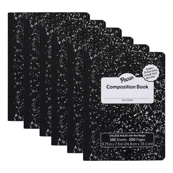Pacon Composition Book, 9/32" Ruling With 9-3/4" x 7-1/2" Red Margin, Black Marble, 100 Sheets, Pack Of 6 Books