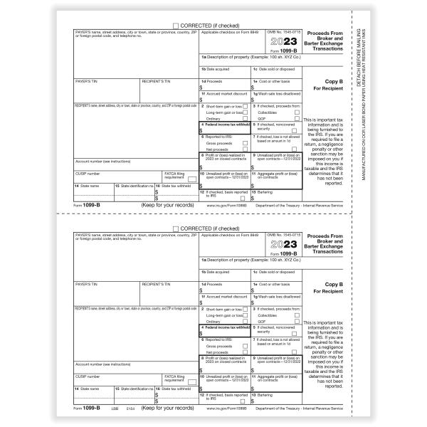 ComplyRight® 1099-B Tax Forms, 2-Up, Recipient Copy B, Laser, 8-1/2"" x 11"", Pack Of 100 Forms -  515450OD