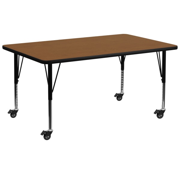 Flash Furniture Mobile Rectangular HP Laminate Activity Table With Height Adjustable Short Legs, 25-1/2""H x 30""W x 72""D, Oak -  XUA3072RECOKHPC