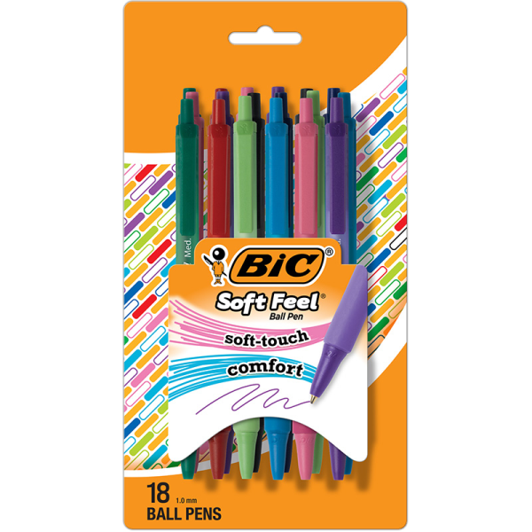 BIC Soft Feel Retractable Ball Point Pen, Medium Point, 1.0MM, Fashion Assorted Ink, Pack of 18
