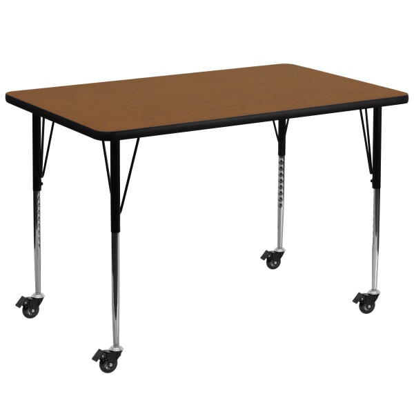 Flash Furniture Mobile Rectangular HP Laminate Activity Table With Standard Height-Adjustable Legs, 30-1/2""H x 36""W x 72""D, Oak -  XUA3672RECOKHAC