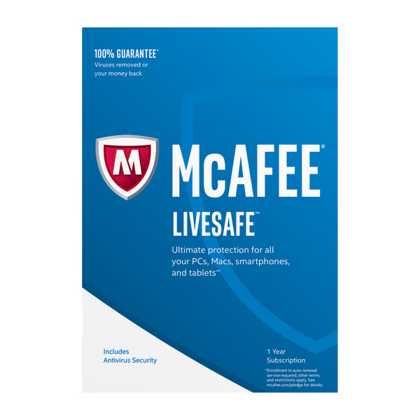 McAfee® LiveSafe™ AntiVirus Software, For PC, Apple® Mac®, iOS or Android, 5 Devices, 1-Year Subscription, eCard