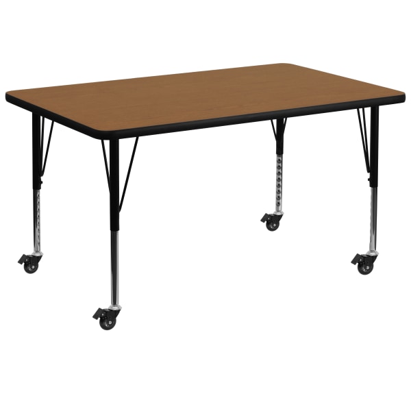 Flash Furniture Mobile Rectangular Thermal Laminate Activity Table With Height-Adjustable Short Legs, 25-3/8""H x 36""W x 72""D, Oak -  XUA3672RECOKTPC