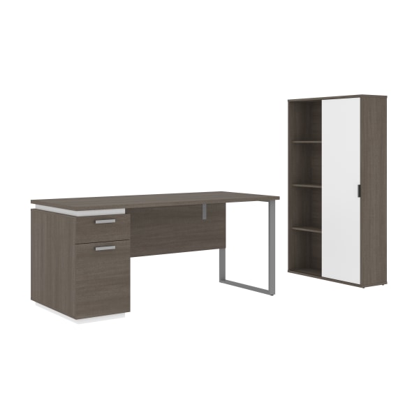 Bestar Aquarius 66""W Computer Desk With Single Pedestal And Storage Cabinet, Bark Gray/White -  114850-000047