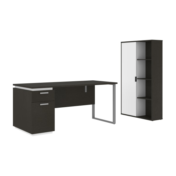 Bestar Aquarius 66""W Computer Desk With Single Pedestal And Storage Cabinet, Deep Gray And White -  114850-000032