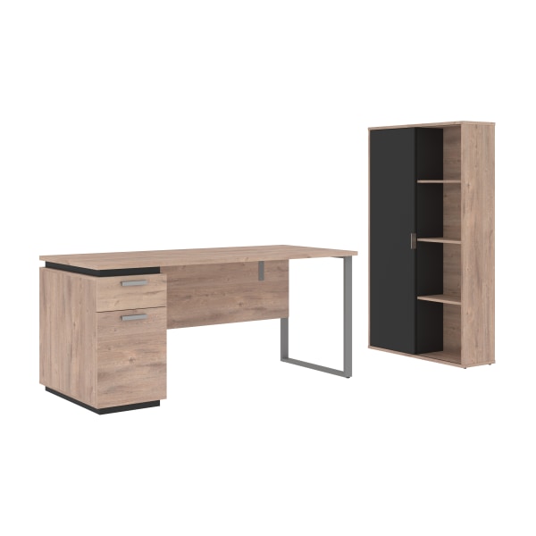Bestar Aquarius 66""W Computer Desk With Single Pedestal And Storage Cabinet, Rustic Brown/Graphite -  114850-000009