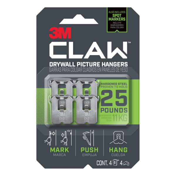 CLAW Drywall Picture Hanger 25-lb Capacity, Pack of 4 Hangers, 4 Spot Markers