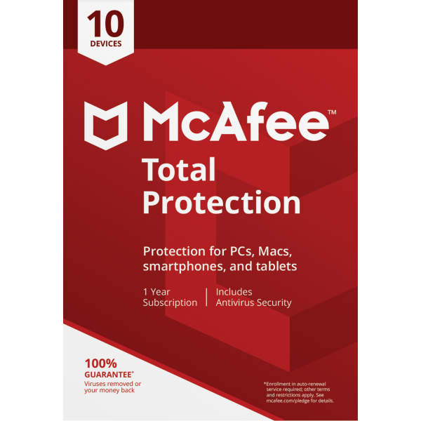 McAfee® Total Protection AntiVirus Software, For PC, Apple® Mac®, iOS, or Android, 10 Devices, 1-year subscription, eCard