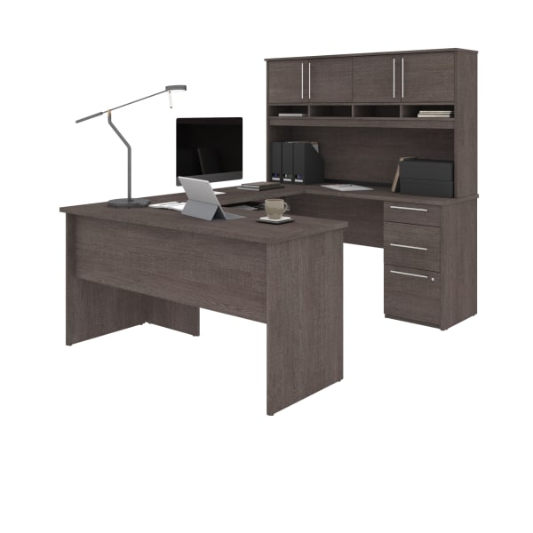 Bestar Innova 83""W U- Or L-Shaped Corner Desk With Hutch, Bark Gray -  92854-000047